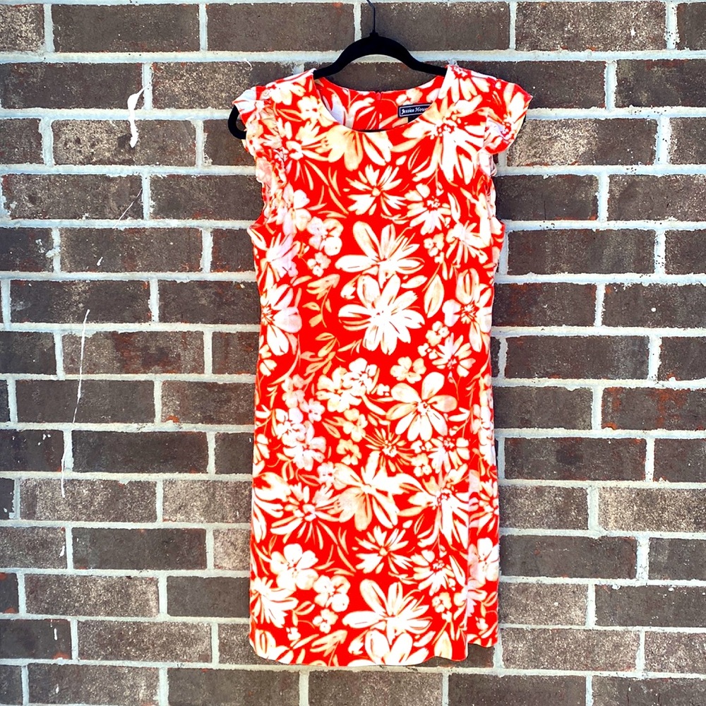 Jessica Howard Orange Linen Floral Dress 8 Ruffle Sleeves Resort Vacation